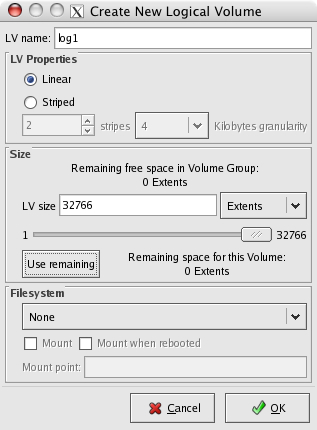 Create New Logical Volume dialog