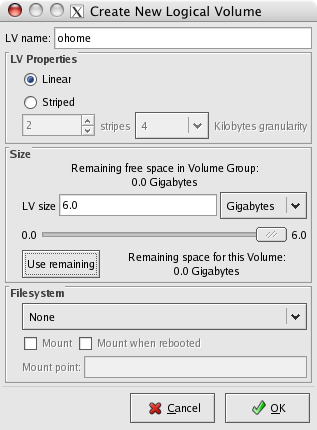 Create New Logical Volume dialog